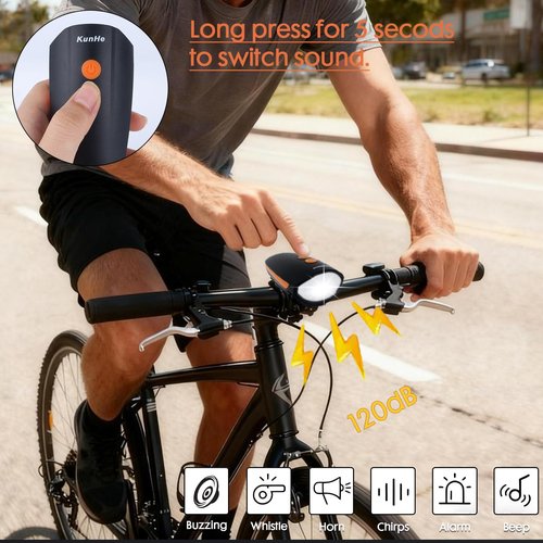 Kunhe Rechargeable Bike Horn with Light Bicycle Front and Rear Lights 2 Sets 1200mah Battery 120dB Bicycle Bell 150 lumens 3 Light Modes 5 Horn Modes Suitable for Children and Adults Night Riding