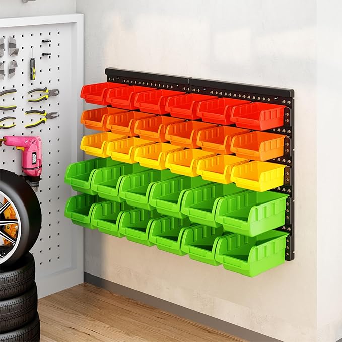 MULSAME Wall Mounted Storage Bins Parts Rack 4 Colors Bin Organizer Garage Plastic Shop Tool, Garage Organizers and Storage (Style-Vivid) 25.2"*16.2"