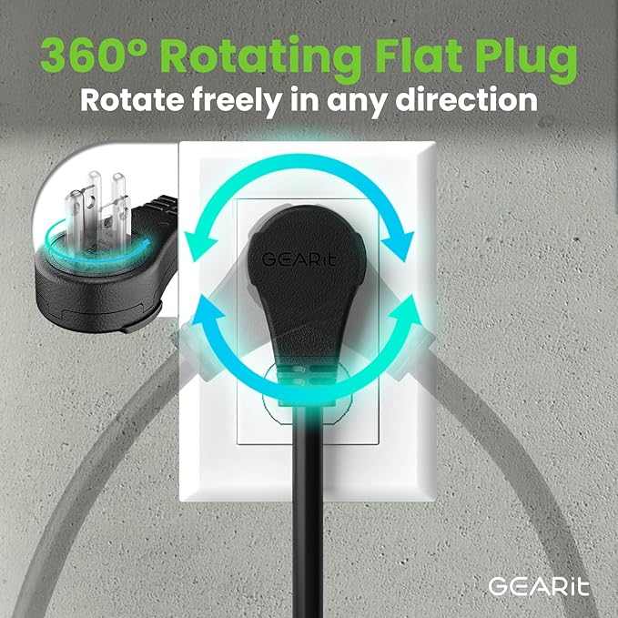 GEARit 15 Ft Extension Cords 16/3 Gauge 360° Rotating Plug Outdoor/Indoor SJTW 16 AWG 3 Prong Heavy Duty Power Cable 13A 125V 1625W for Lawn, Garden, Appliances Black