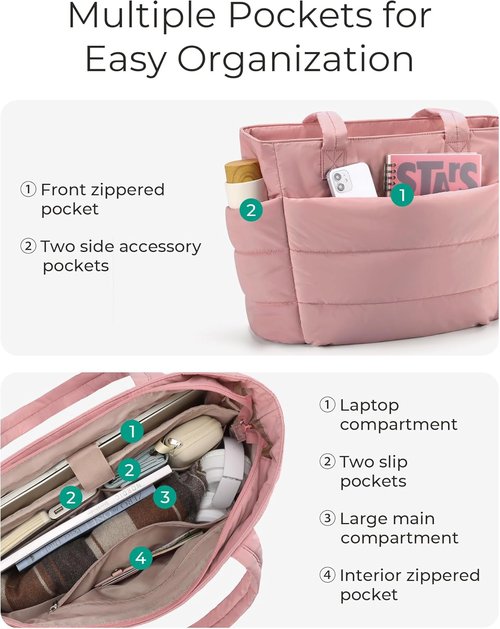 BAGSMART Lightweight Puffy Tote Bag for Women - Versatile Shoulder Handbag with Compartments for Travel & Work