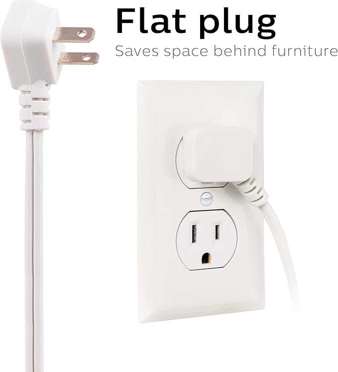Philips Extension Cord, 15 Ft, 3-Outlet Flat Plug Extension Cord, Flat Extension Cord with Multiple Outlets, 2 Prong Extension Cord, Safety Slide Long Extension Cord, 1 Pack, White, SPS1032WE/27