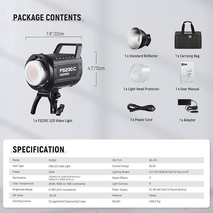NEEWER 230W High Power RGB LED Video Light, APP/2.4G Control, 2500K-7500K