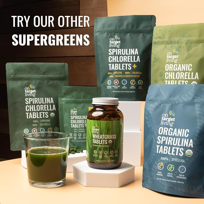On Target Living Organic Spirulina Chlorella | USDA Organic | 1000 Tablets- 250 G (8.8 oz) | Vegan | Immune System Boosting | Alkalyzing | Nutrient Dense | Detoxifying | Protein Dense