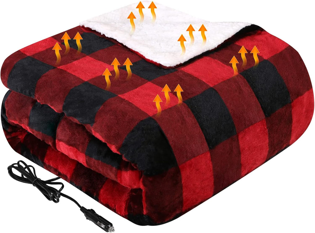 Westinghouse Heated Car Blanket, 12-Volt Electric Blanket for Car, Truck, SUV, RV, Portable Heated Throw for Camping, Beige Buffalo Plaid, 59" x 43”