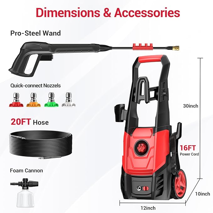 Electric Pressure Washer, 2.5 GPM Power Washer with Foam Cannon, Electric High Pressure Washer with 4 Quick Connect Nozzles for Cars, Driveways, Fences, Patios, Home Cleaning