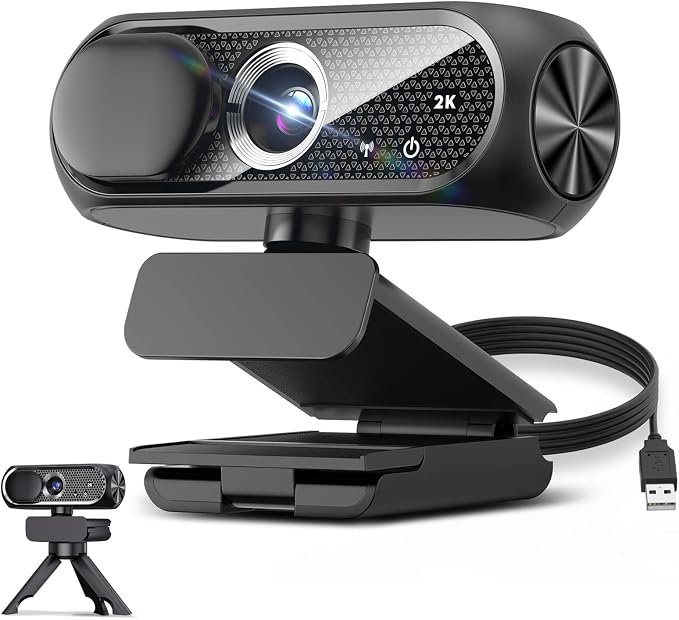 2K Webcam with Rotatable Tripod and Mic, Noise Cancellation, Privacy Cover