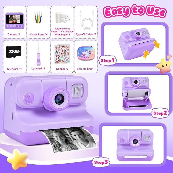 Kids Instant Print Camera with Carrying Bag, 1080P HD Digital Camera