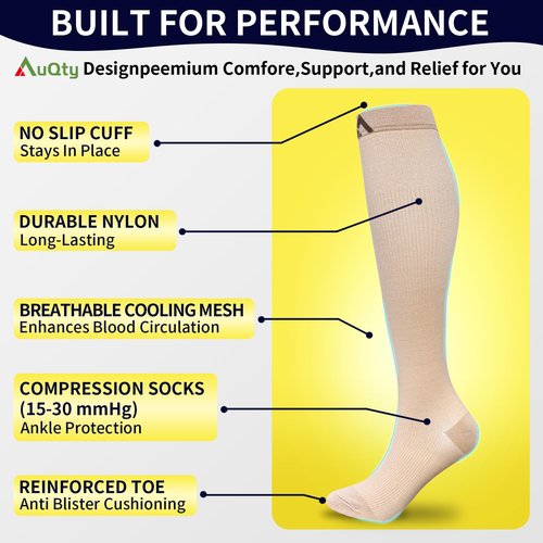 AuQty Compression Socks 15-30 mmHg for Men Women (3 Pairs) - Medical Stockings, Support Socks for Circulation, Deep Vein Thrombosis, Calf Cramps and Swelling (Nude/Nude/Nude, Large-X-Large)