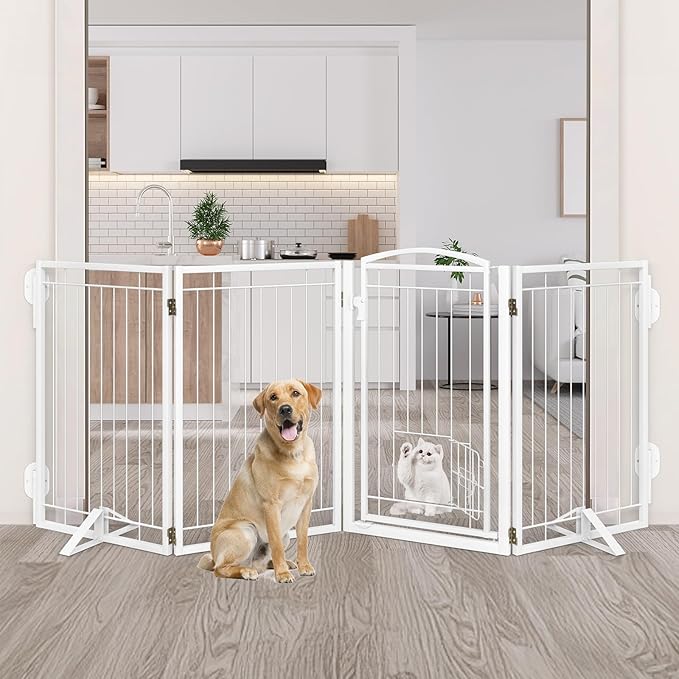 Metal Freestanding Dog Gate with Cat Door for Indoor&Outdoor,120" Extra Wide Foldable Pet Gate,32" Tall Foldable Indoor Dog Fence for Wide Openings Stairs,Deck,Yard,Doorways(6 Panels,White)