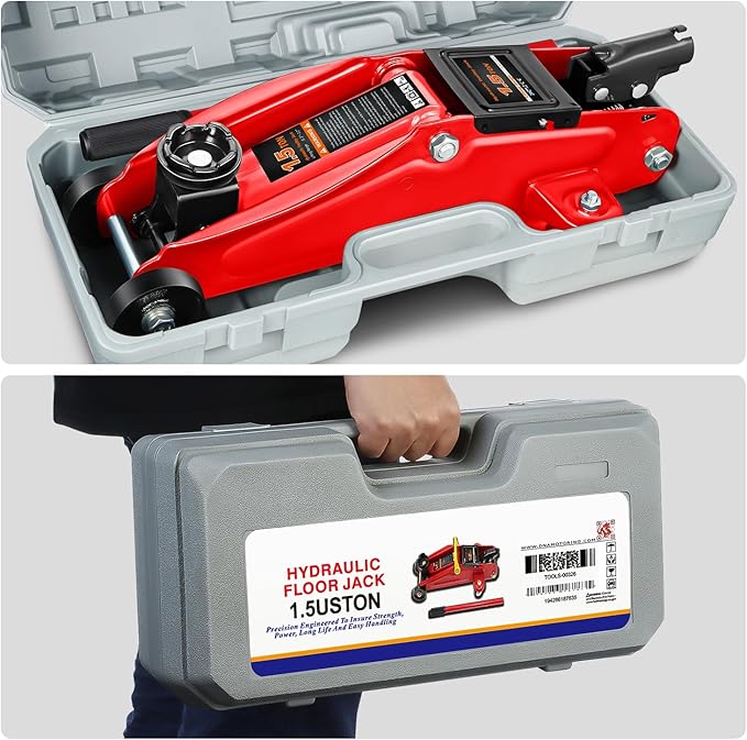 PM PERFORMOTOR Low Profile Hydraulic Trolley Service/Floor Jack, 1.5 Ton (3000 lbs) Capacity, Lifting Range 5.3"-12",Red,PM-TOL-FJ15-RD