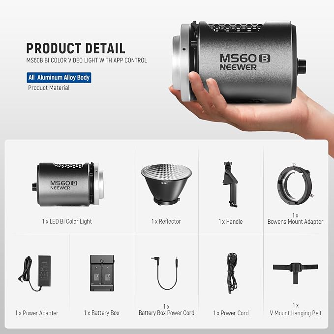 NEEWER MS60B LED Video Light 2.4G/APP Control, 65W Metal Mini Compact COB