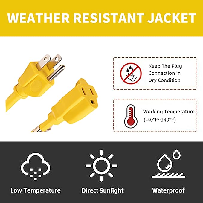 Indoor Outdoor Extension Cord Weatherproof, UL Listed, 12 Gauge 12FT Yellow 3 Prong Heavy Duty, 12/3 SJTW 15A Power Cord for Outdoor Lights, Appliances, Lawn
