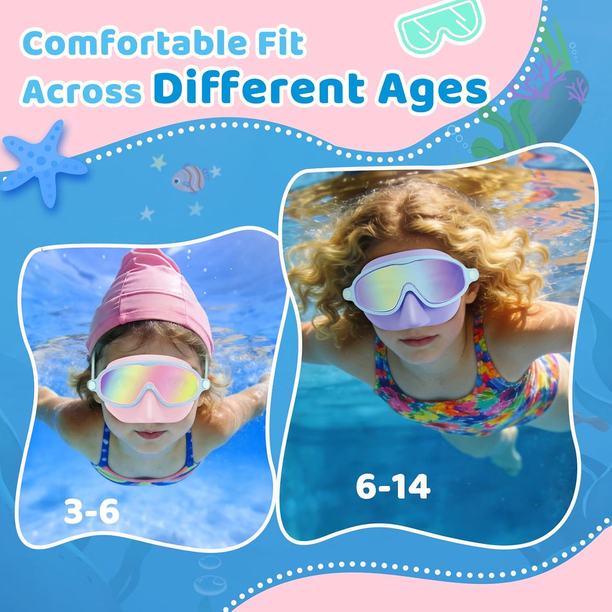 Vvinca Kids Swim Goggles - Anti-Fog UV Protection with Nose Cover | 2 Pack for Ages 3-14