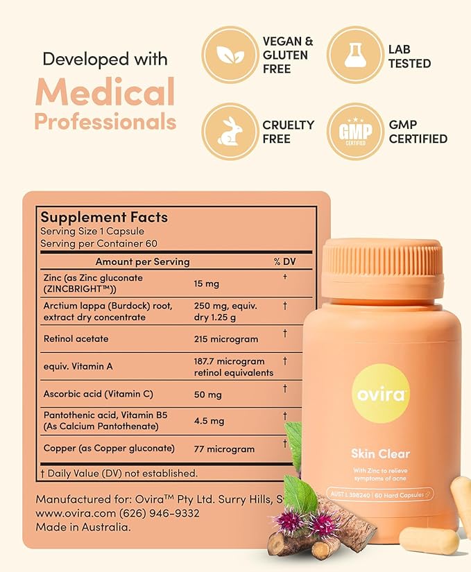 Ovira Skin Clear with ZINCBRIGHT - 60 Capsules for Clear and Glowing Skin | Rosacea & Hormonal Acne Treatment | Support Collagen Production | Acne Supplements for Women & Men - Pack of 1