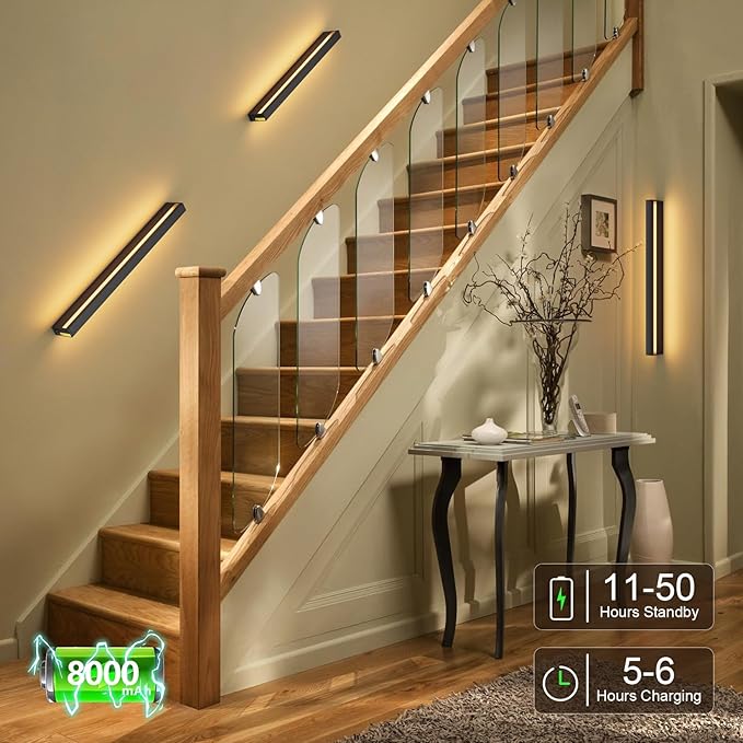 Aipsun Black Battery Operated Wall Sconce, 3000K-6000K Modern LED Wireless Rechargeable Wall Light for Bedroom, Hallway Living Room,23.6 Inch,Black(2 Packs)