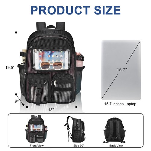 Jeluno Heavy Duty Mesh Backpack for School, Lightweight Black Book Backpack for Beach,Travel(Black)