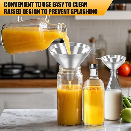 Serinar 3-Piece Stainless Steel Kitchen Funnel Set for Kitchen Bottle Filling, 2 Funnel Sizes and 1 Strainer for Oils, Liquids, Fluids, Dry Ingredients and Powders, Durable, Washable