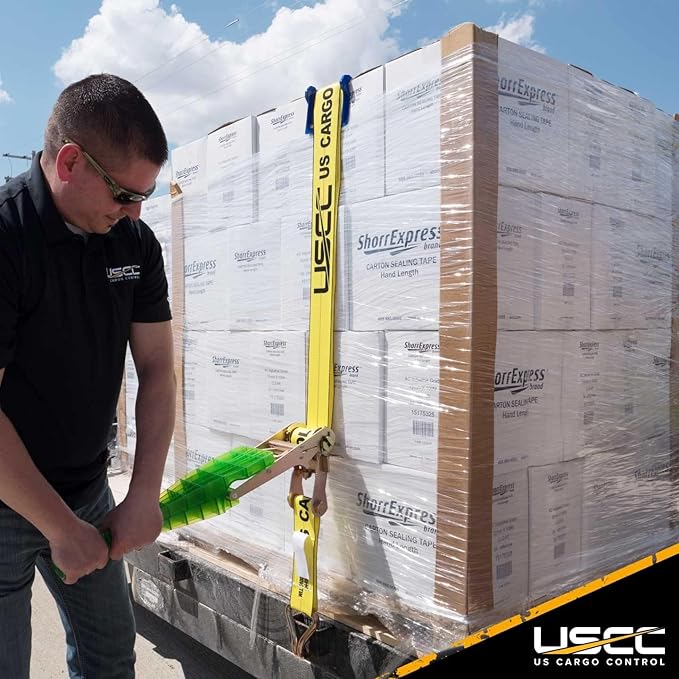 US Cargo Control J Hook Ratchet Straps 4 Inch x 27 Foot (4 Pack), 5,400 LBS Working Load Limit, Yellow 4 Inch Ratchet Straps Heavy Duty for Flatbed Trailers, Professional Flatbed Hauling