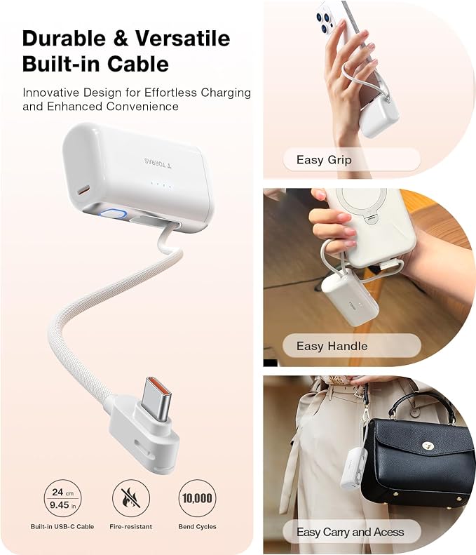 TORRAS iPhone 16 Portable Charger, 5000mAh 22.5W Power Bank with Built-in USB-C Cable, Fast Charge Battery Pack for iPhone 17/16/15, Galaxy S25, Google for Travel Outdoor Hiking Backup Battery, White