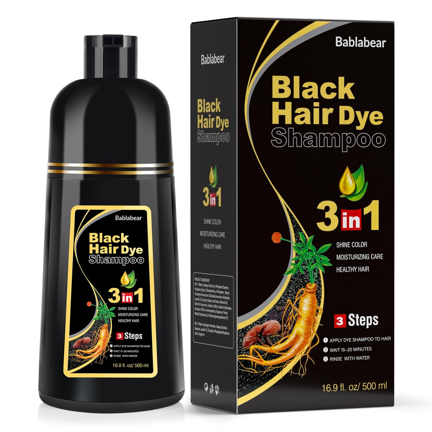 Bablabear Black Hair Dye Shampoo For Gray Hair, Semi-Permanent Hair Color Shampoo For Women And Men, Herbal Ingredients, 3 In 1