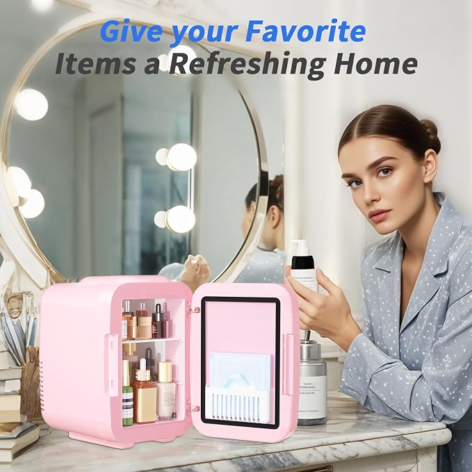 OSTBA Skincare Fridge Mini Fridge for Bedroom with Dimmable LED Mirror, 4Liter/6 Cans Cooler and Warmer for Makeup, Cosmetic, Beauty, Portable Refrigerator for Bedroom, Vanity, Office and Car