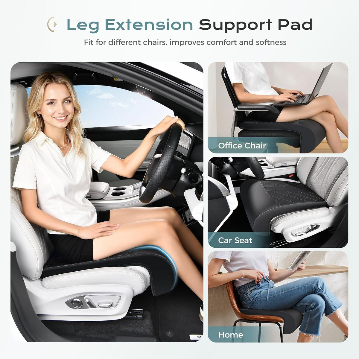 Coverado Car Seat Extender Leg Support, Leather Leg Extender Cushion for Car Seats, Waterproof Car Seat Cushion Universal Fit for Most Vehicles (Black-A)
