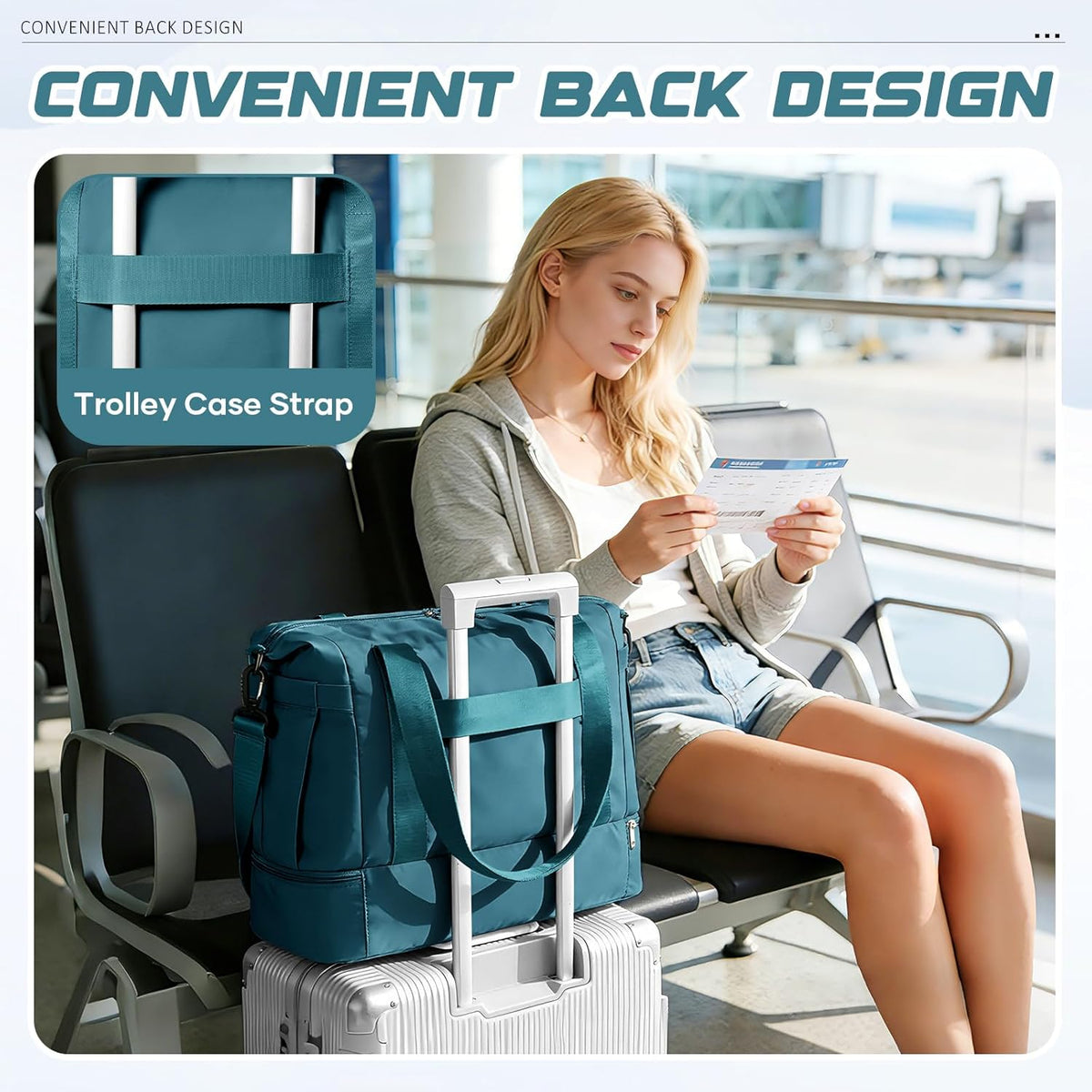 Skiennix Travel Duffel Bag - Waterproof Weekender with Shoe Compartment & Trolley Sleeve | Peacock Blue