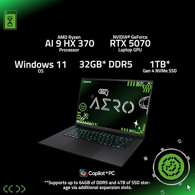 GIGABYTE AERO X16, Copilot+ PC - 165Hz 2560x1600 WQXGA - Manufactured by NVIDIA GeForce RTX 5070 - AMD Ryzen AI 9 HX 370-1TB SSD with 32GB DDR5 RAM - Windows 11 Home - Space Gray - 2WHA3USC64AH