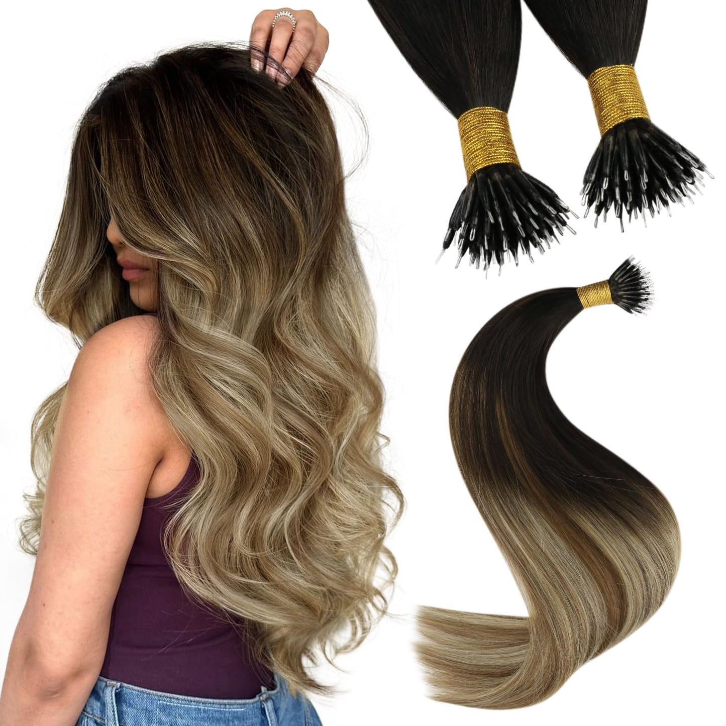 Youngsee Nano Bead Hair Extensions Brown Real Hair Nano Extensions Ombre Dark Brown To Medium Brown With Blonde Pre Bonded Nano