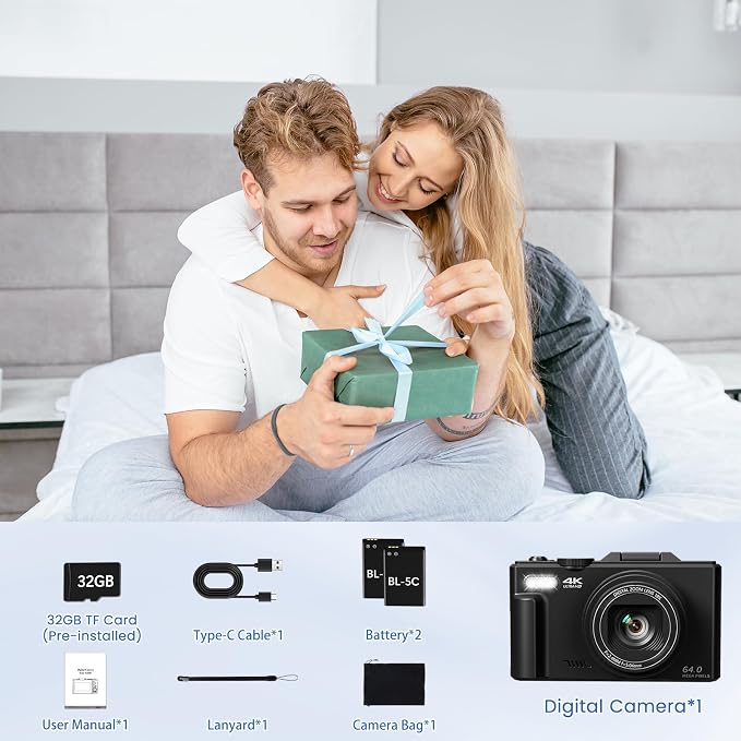 4K Digital Camera for Photography, 64MP HD WiFi Vlogging Camera for YouTube