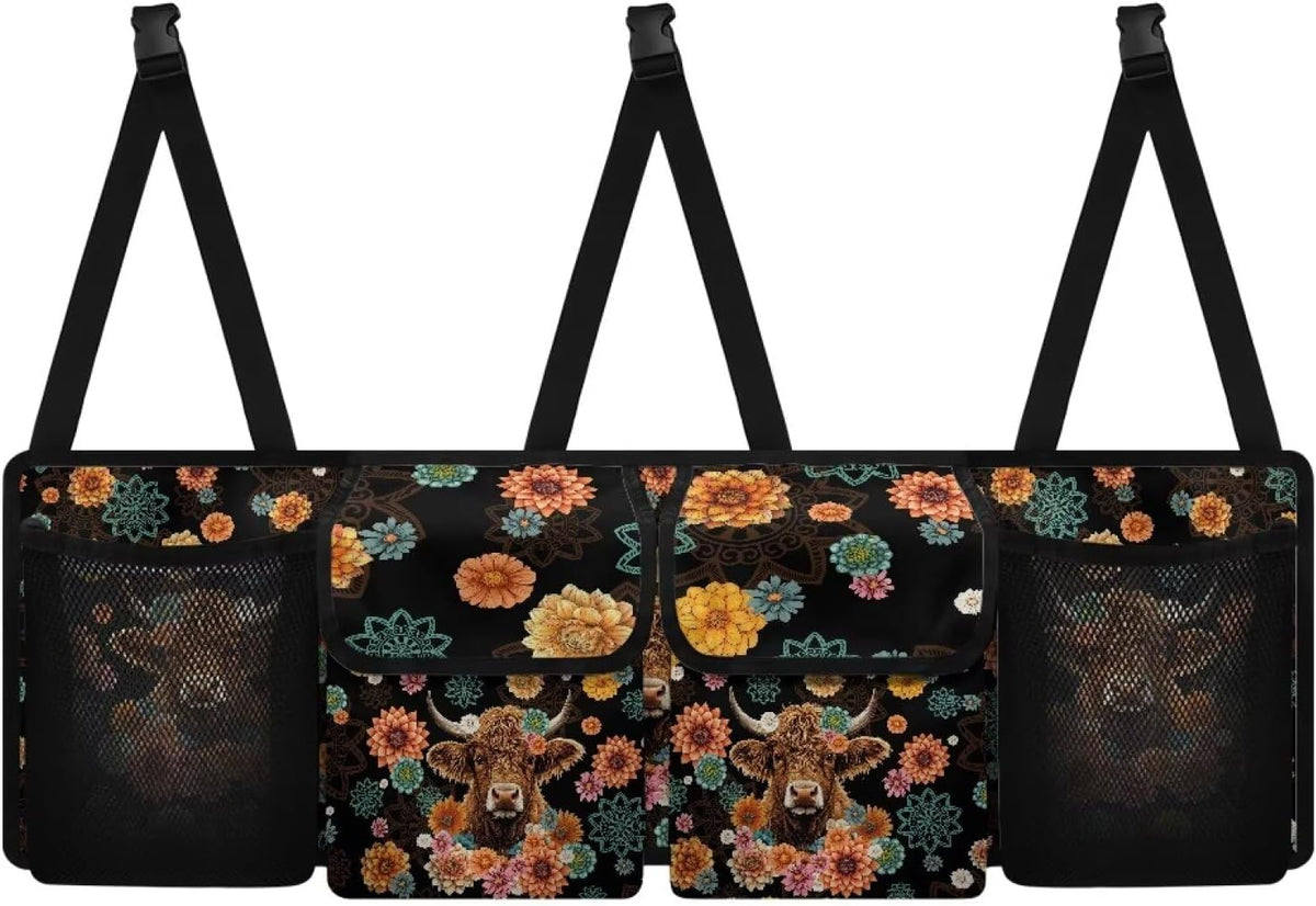 Bohemian Mandala Floral Flowers Car Trunk Organizer, Space Saving Expert, 4 Compartments, Multicolored