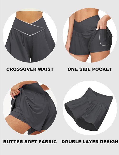 FireSwan Women's Crossover Athletic Shorts - 2-in-1 Flowy Running Skorts with Pockets, Spandex, Butterfly Design