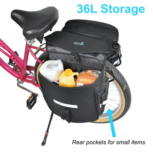 Lumintrail Bike 36L Double Panniers - Saddle Bags for Rear Rack Bike Bags with Safety Reflective Strips, and Carrying Handle - Perfect for Grocery Shopping, Easy Commuting and Long Cycling Trips