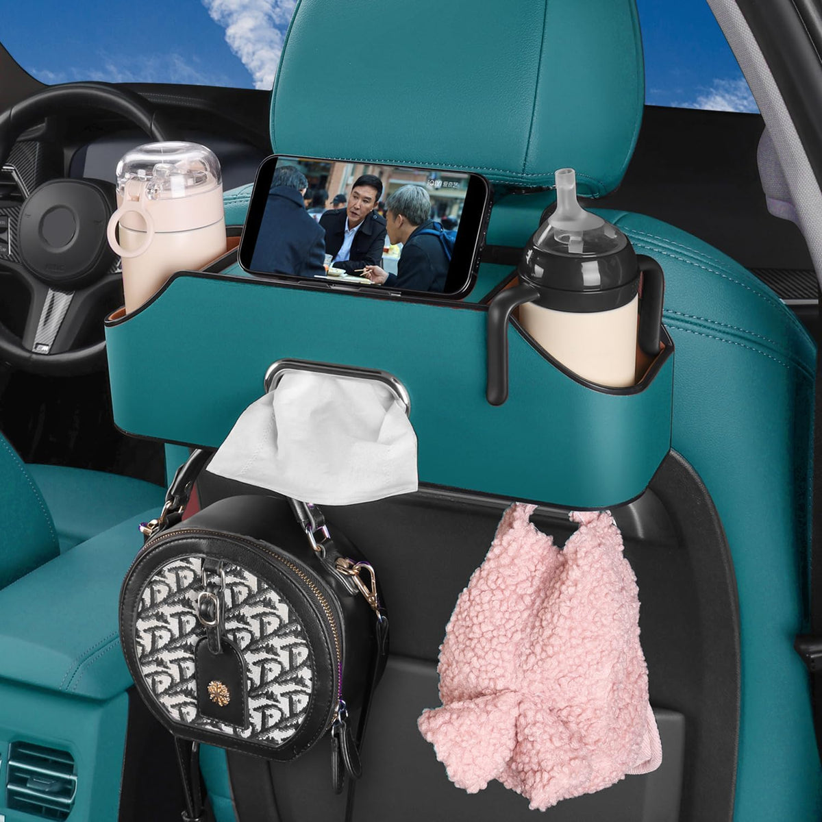 HOLDCY Car Back Seat Organizer with 2 Drink Cup Holder - Tissue Box and Storage Box Hook - Multi-functional Storage - Great for Kids and Travel (Blue)