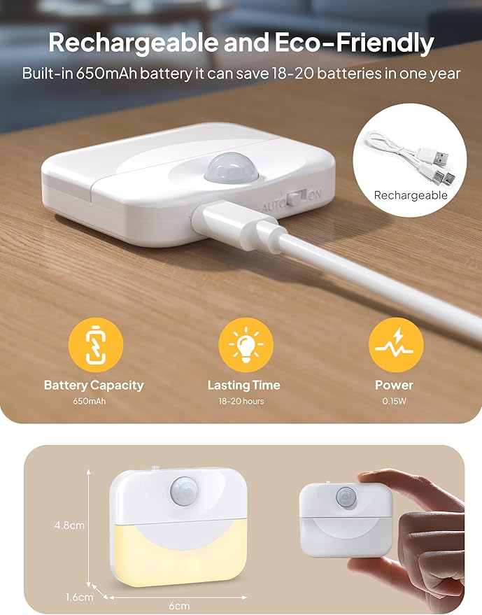 2 Pack Rechargeable Motion Sensor Stair Light for Indoor,Warm White LED Night Light,Wireless Stick on Anywhere Hallway Lamp,Motion Activated Lamps for Step, Cabinet, Hallway, Bathroom