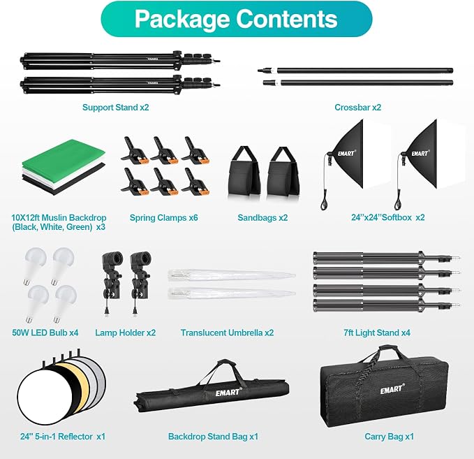 EMART 8.5 x 10 ft Backdrop Support System, Professional Photography Lighting Kit