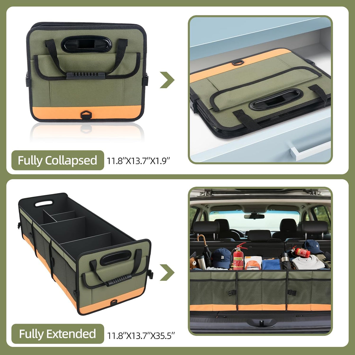 Trunk Organizer for Suv, Sturdy Storage Organization with Non-Slip Bottom Strips, 95L Large Capacity Cargo Organizer for Car, Truck, Sedan, Waterproof Portable Car Organizers for Women Men(Green)