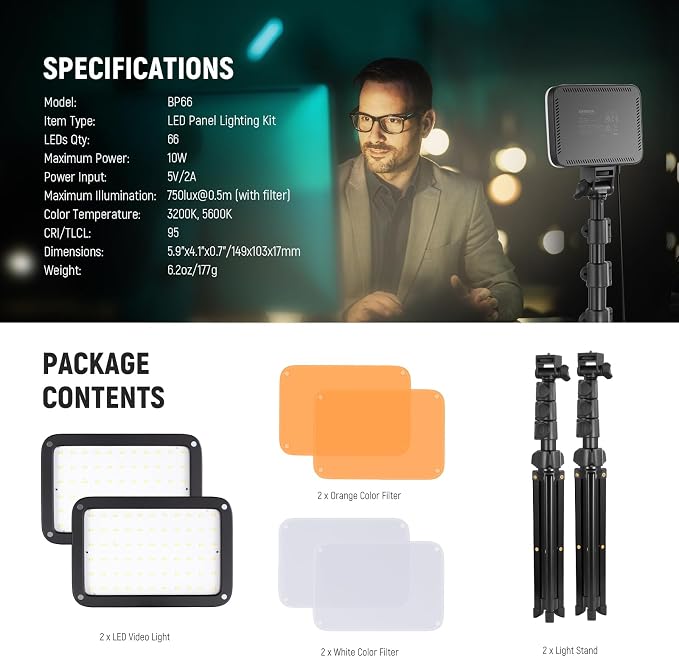 NEEWER Basics 2 Pack LED Video Light Panel Lighting Kit, Bi Color Dimmable