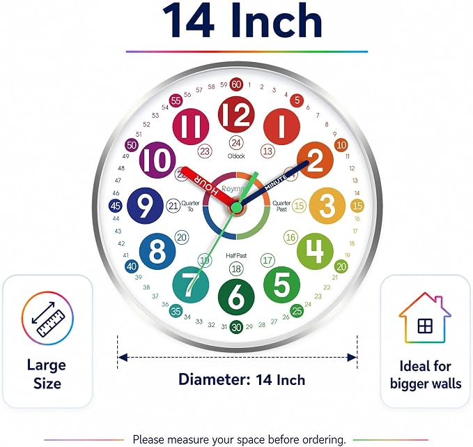 Roymnie Wall Clock Teaching Time Wall Clocks Battery Operated Silent Non Ticking