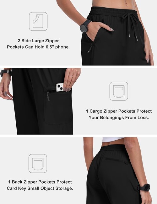 MoFiz Women's Hiking Cargo Pants - Lightweight Athletic Joggers with Elastic Waist | Black, Size M
