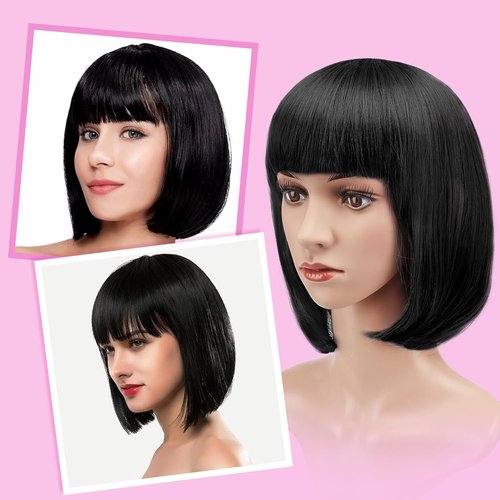 AGPTEK 13-Inch Straight Heat-Resistant Short Bob Wig with Flat Bangs for Women | Black Cosplay & Daily Wear