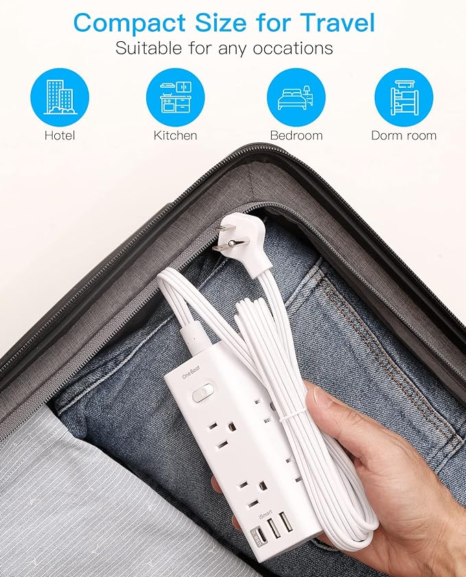 15Ft Extension Cord with Multiple Outlets, Flat Plug Power Strip Surge Protector with 15 Ft Long Cord, 6 Outlet 3 USB Ports (1 USB C), Multi Outlet Wall Plug for Travel, College, Dorm Room Essentials