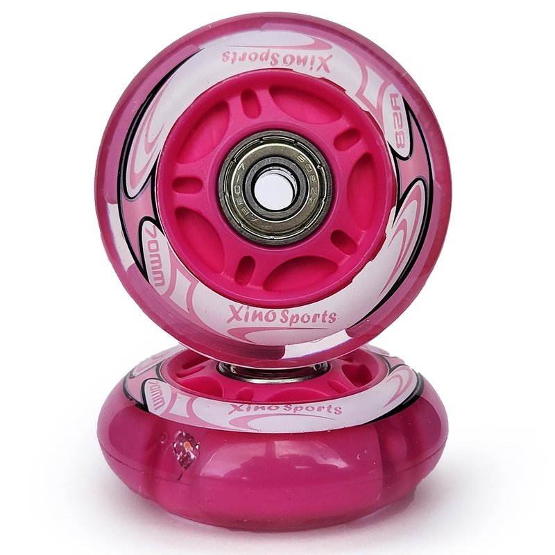 Xino Sports Inline Skates Replacement Wheels - LED Illuminating Lights, Durable and Long-Lasting, ABEC-7 Bearings Included, Pack of 2, 70 mm (Fuchsia)