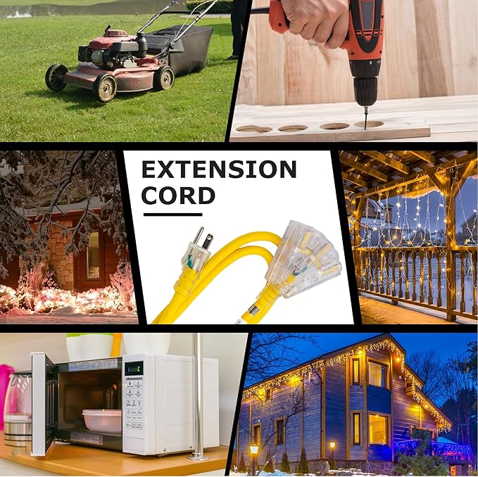 YOJOE 3-Outlets Indoor Outdoor Extension Cord with Lighted End, 3 Prong 15A Weatherproof Power Cord, 12 Gauge Heavy Duty 40 ft Yellow Extension Cord Multiple Outlets, 12/3 SJTW UL Listed