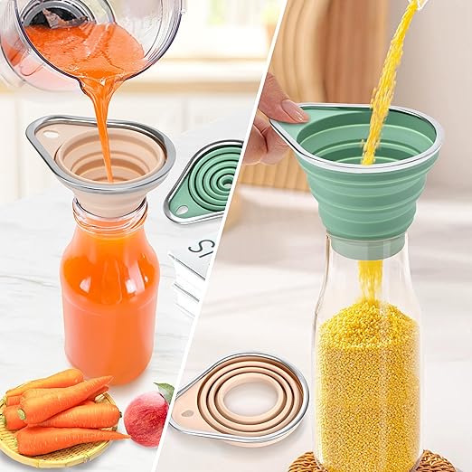 New Upgraded 2-Pack Silicone Collapsible Funnel Set with Stainless Steel Rim, Includes Large & Small Funnels for Filling Bottles,Canning,Dry & Liquid Ingredients (Pink)