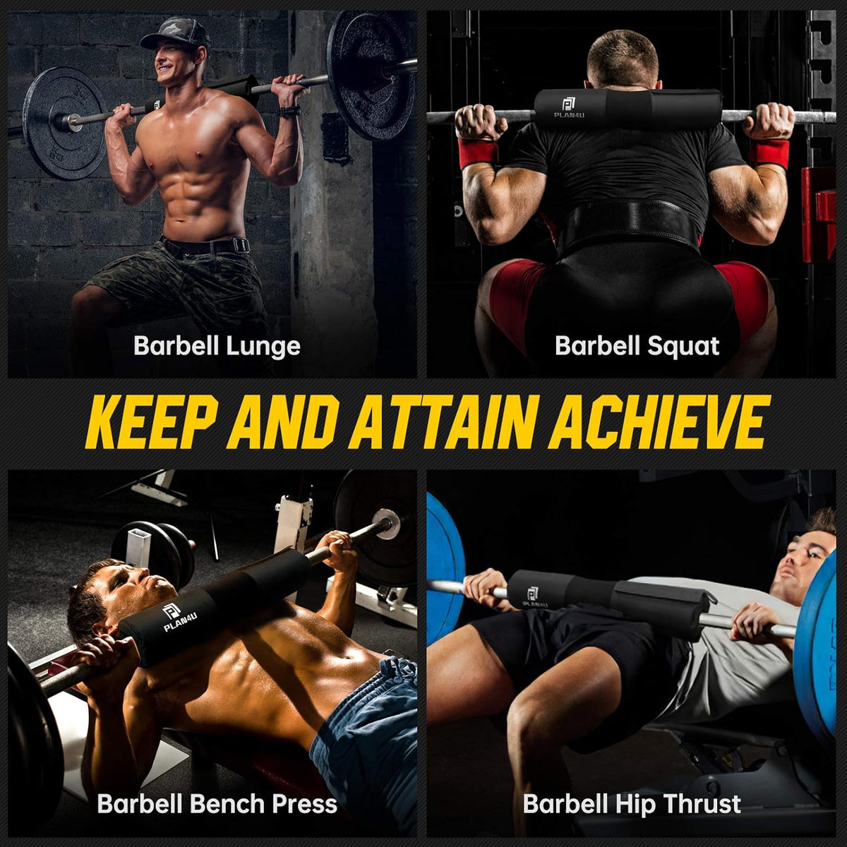 Plan4U Barbell Pad Set - Upgraded Foam Cushion for Squats & Hip Thrusts | Anti-Slip Support for Standard & Olympic Bars
