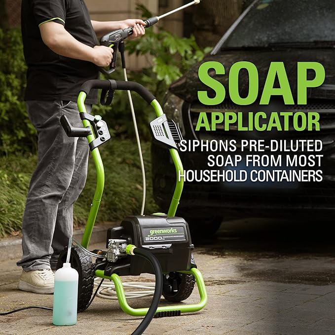 Greenworks 2000 PSI (13 Amp) Electric Pressure Washer (Wheels For Transport / 20 FT Hose / 35 FT Power Cord) Great For Cars, Fences, Patios, Driveways