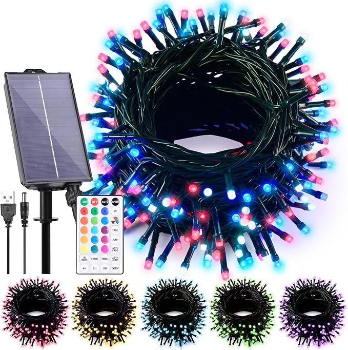 Solar String Lights Outdoor Waterproof 40Ft, 18 Colors Changing 100 LED Christmas Lights Solar Powered & USB with Remote, RGB Fairy Lighting for Outside Tree Fence Party Indoor Halloween Decor