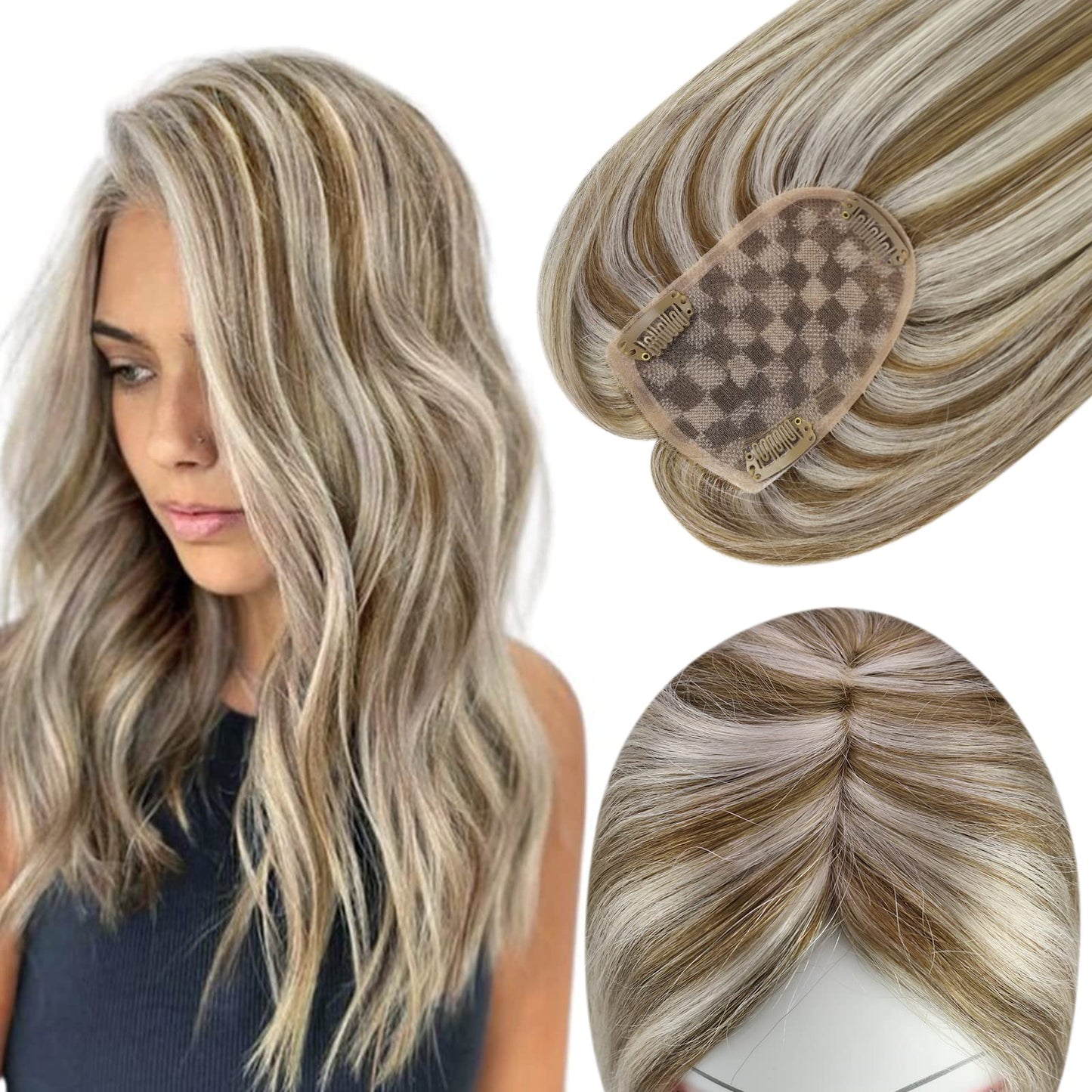 Full Shine Crown Hair Topper For Women Remy Human Hair Mono Base Wiglet Color 8P60 Ash Brown And Blonde Clip In Crown Toppers 3X