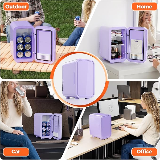 OSTBA Mini Fridge for Skincare, 6 Liter/8 Can 110V AC/DC Portable Thermoelectric Cooler Refrigerators for Bedroom, Skincare, Beverage, Office, Dorm Room and Car, Purple